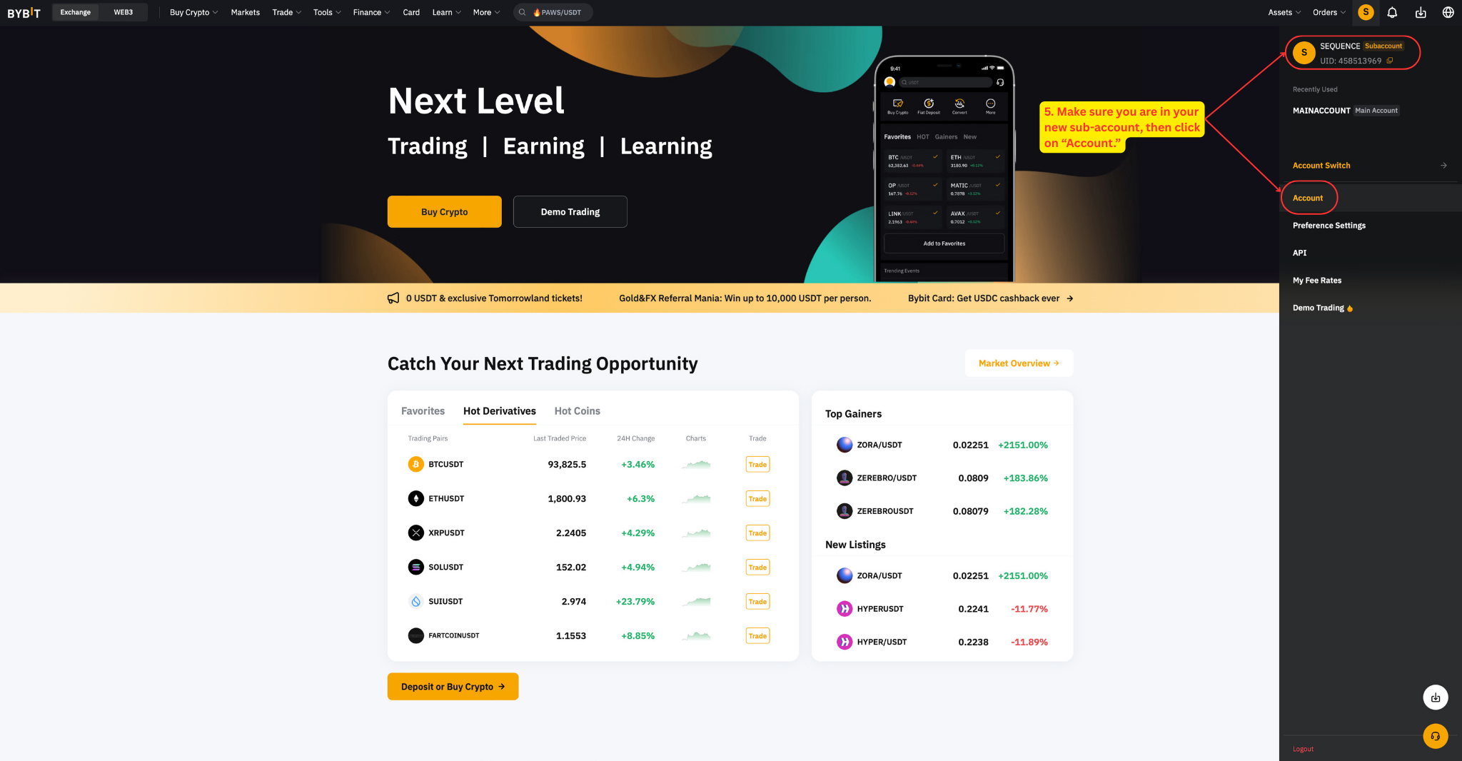 Bybit sub-account dashboard showing Account button