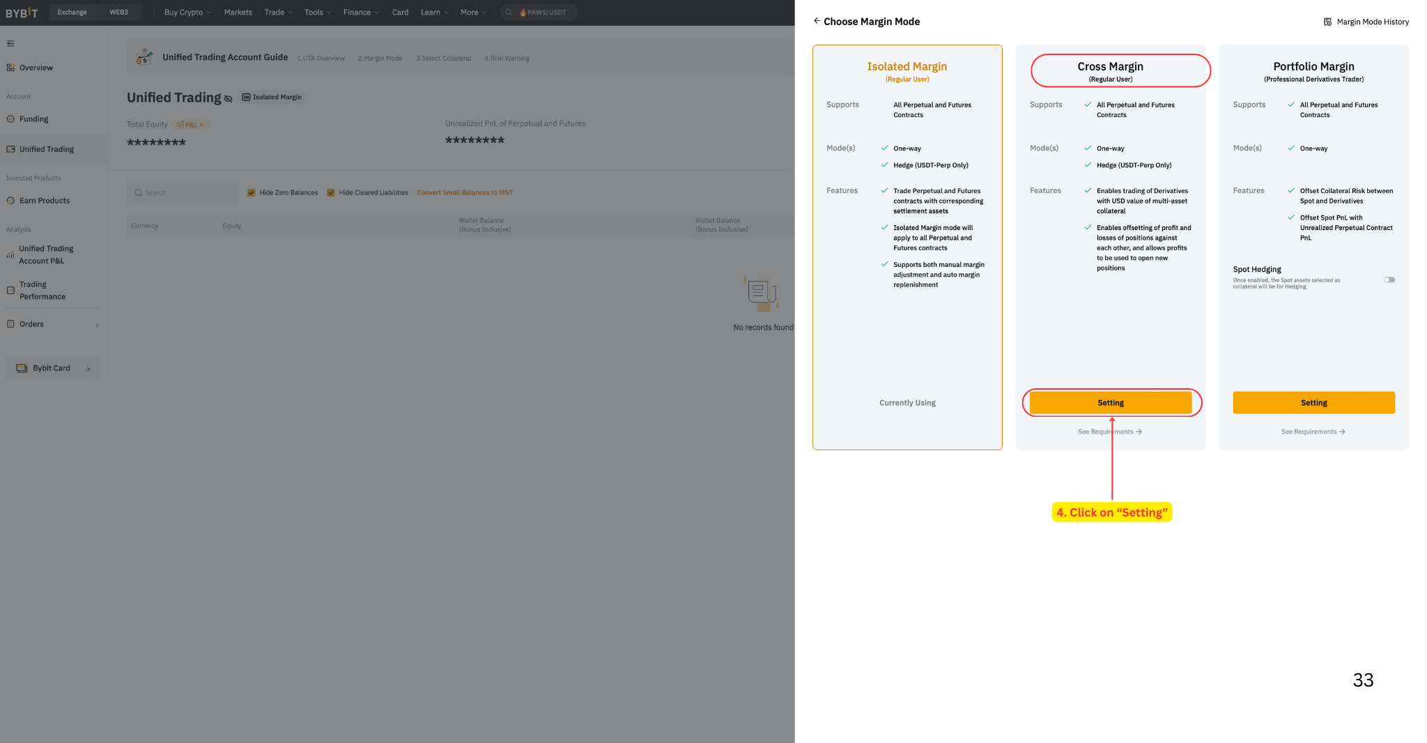 Cross Margin settings popup