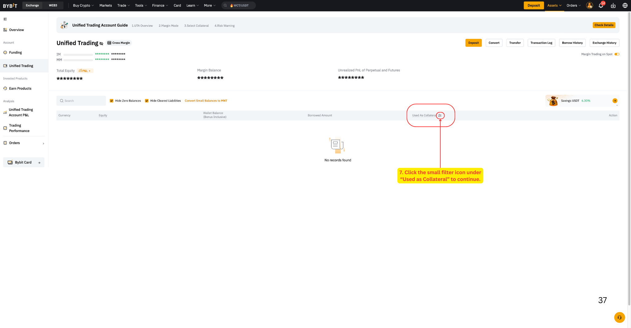 Collateral filter icon on dashboard