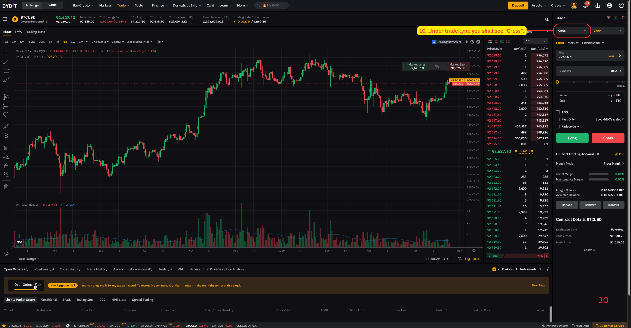 Bybit trading interface showing Cross margin type