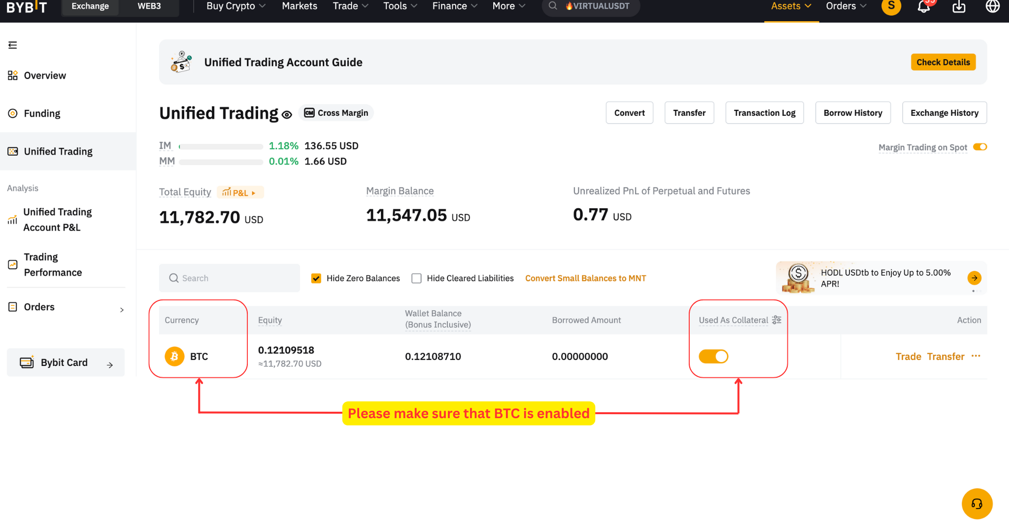 UTA wallet with BTC collateral enabled