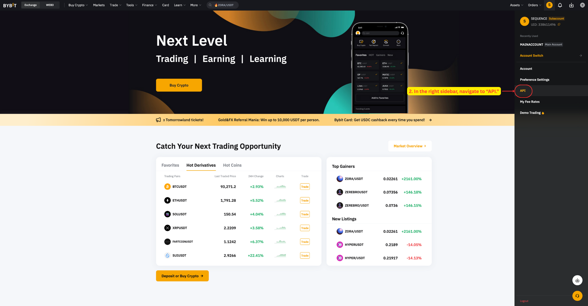 Bybit API menu in sidebar