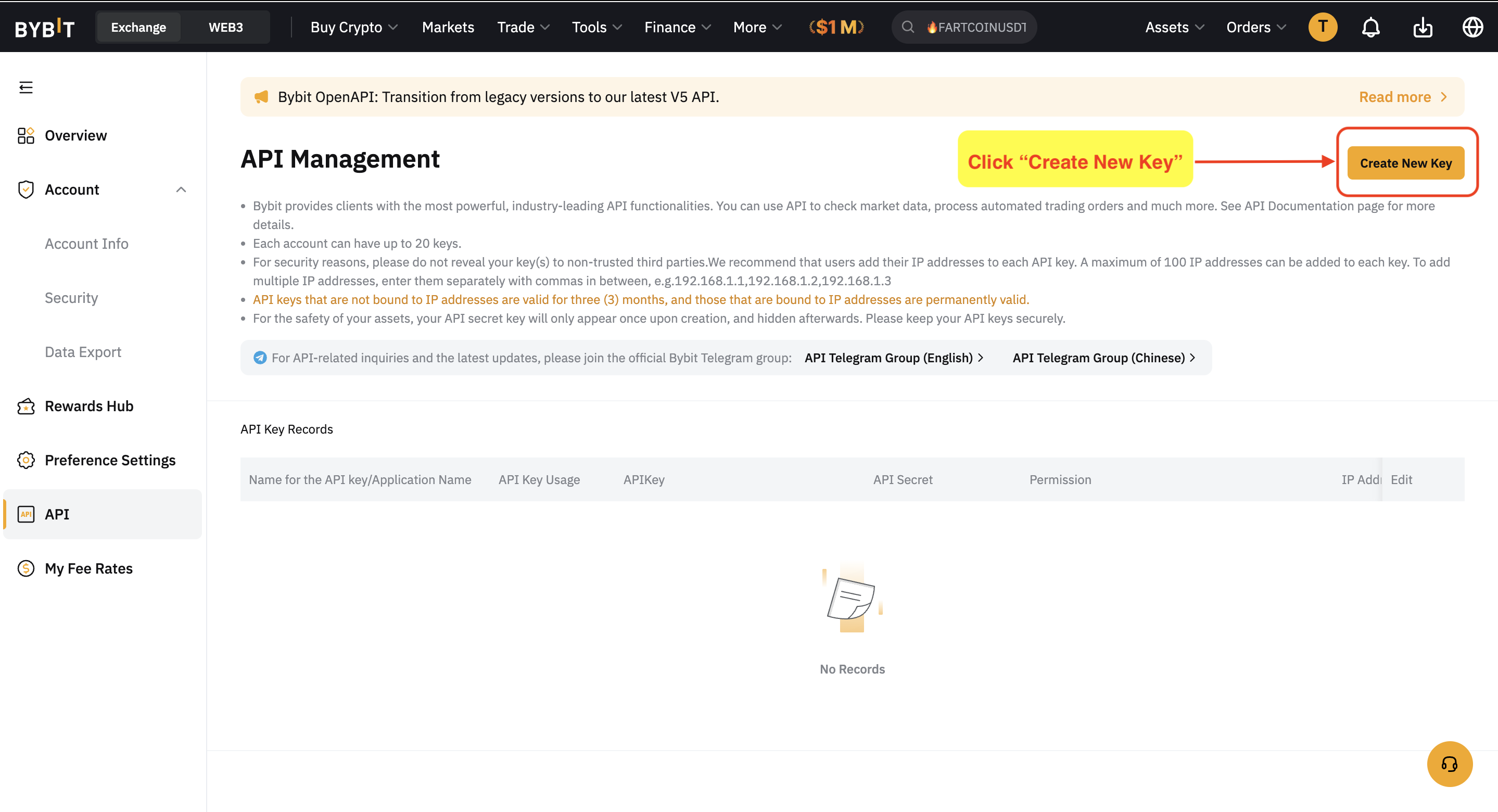 Create New Key button