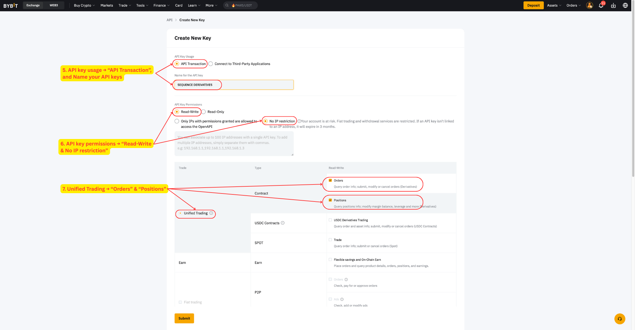 API key creation form with permissions