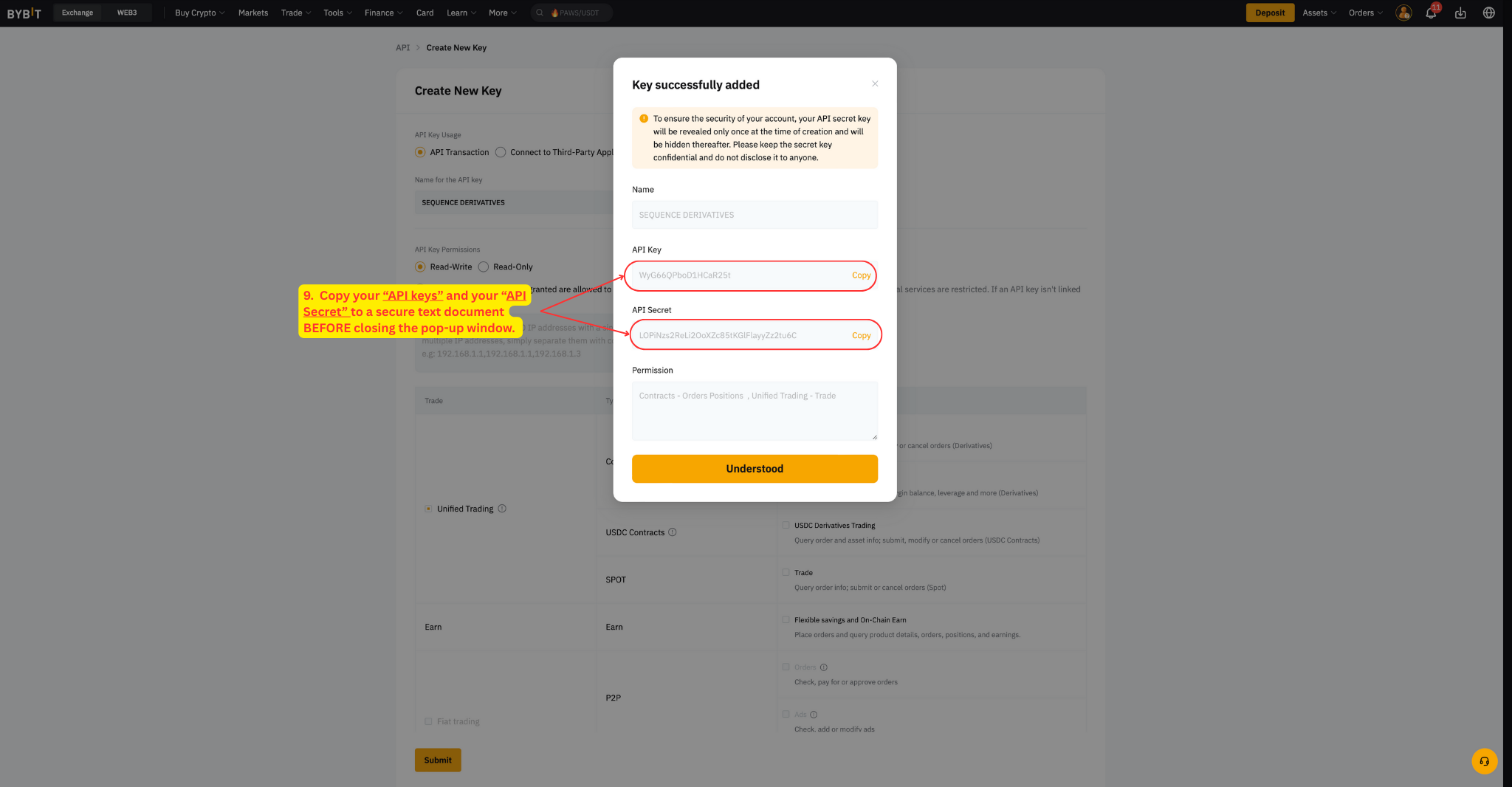 API key and secret displayed