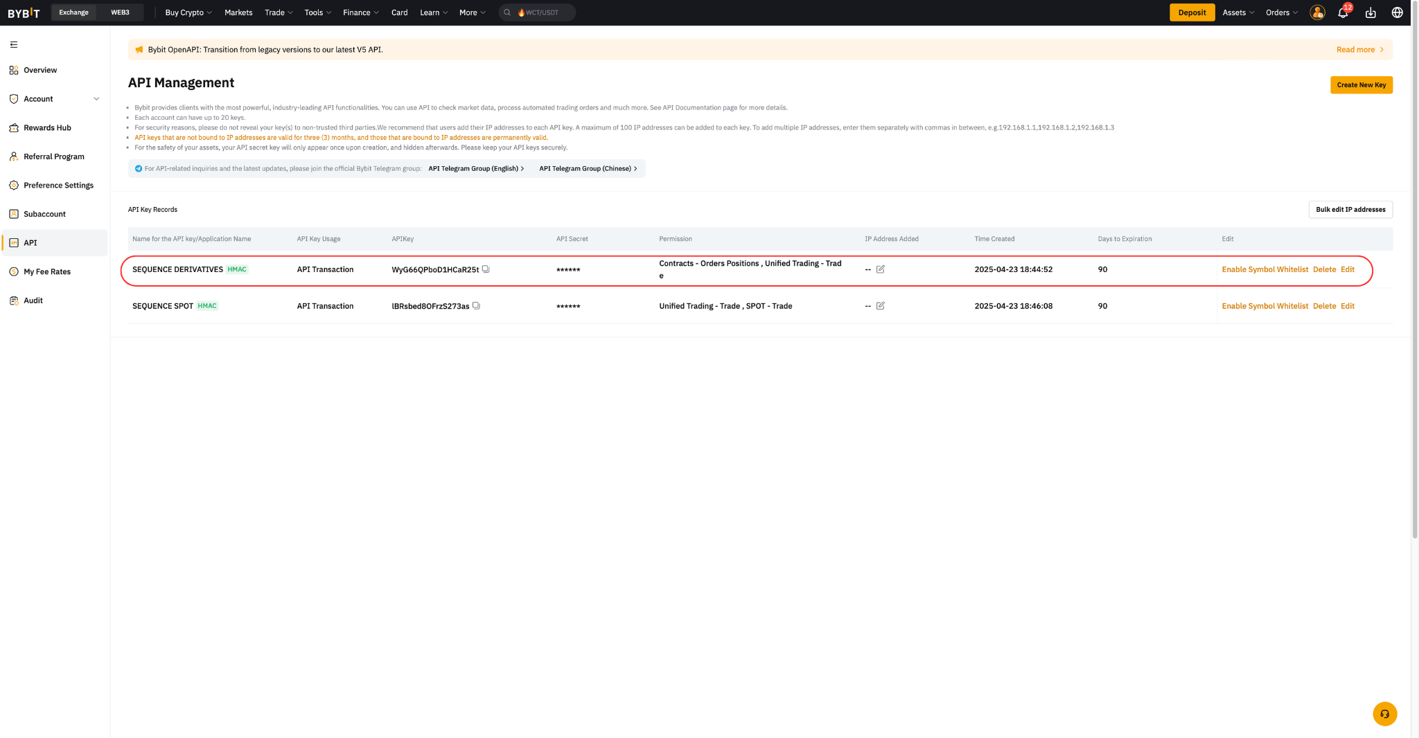 API Management showing created keys