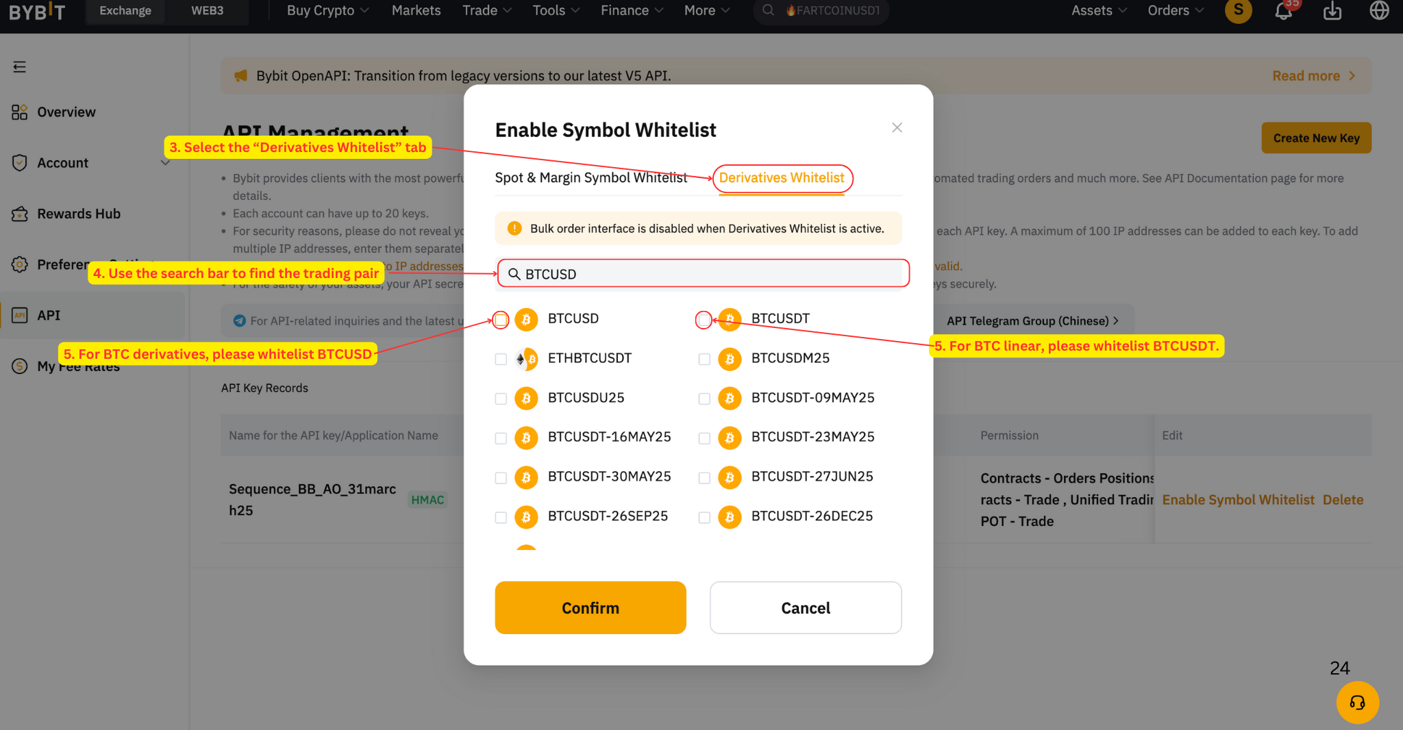 Derivatives whitelist confirmation