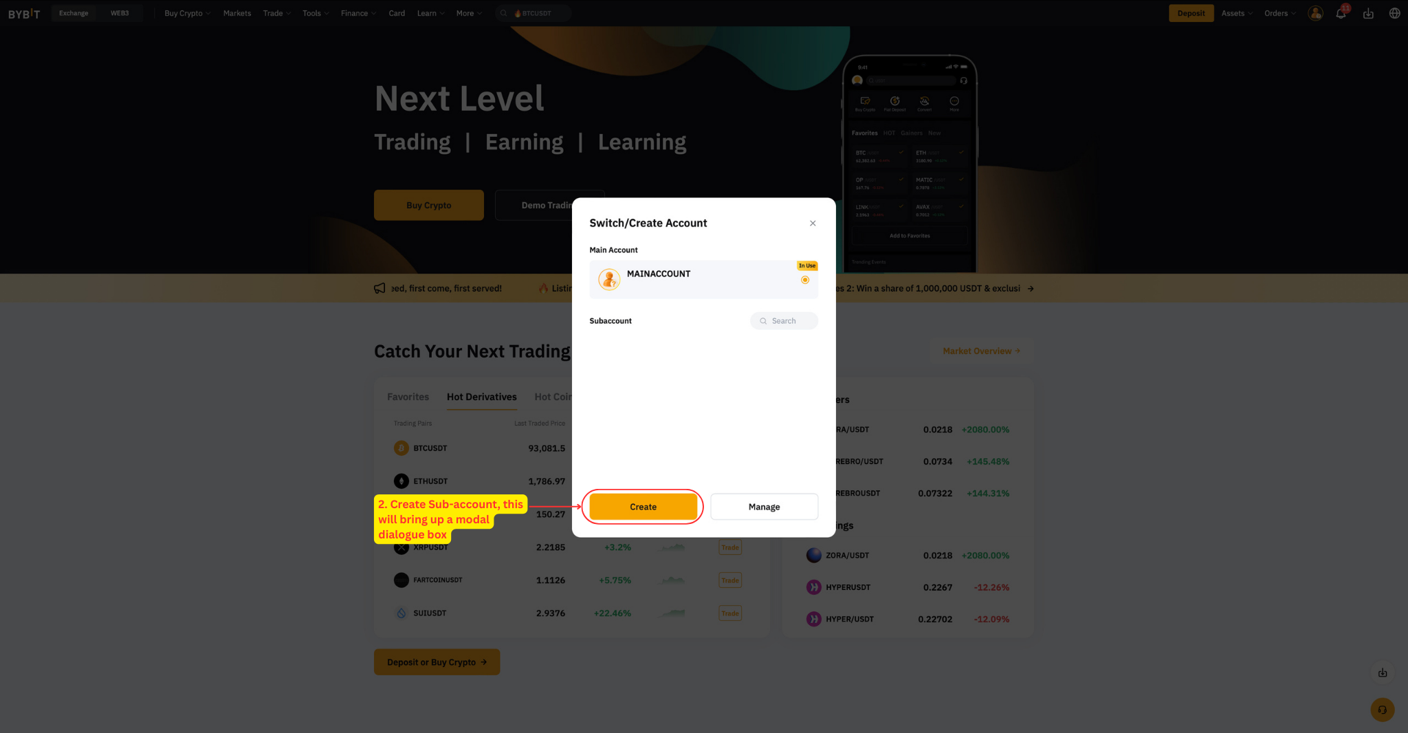 Bybit Switch/Create Account dialog with Create button