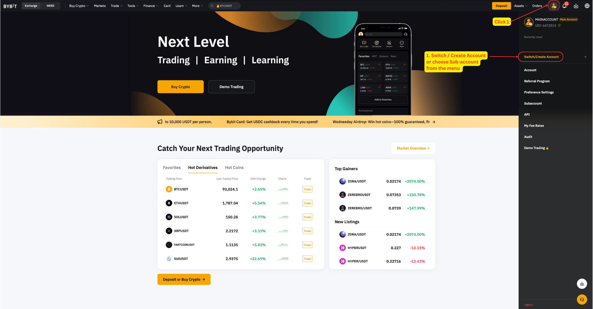 Bybit main account menu showing Switch/Create Account option