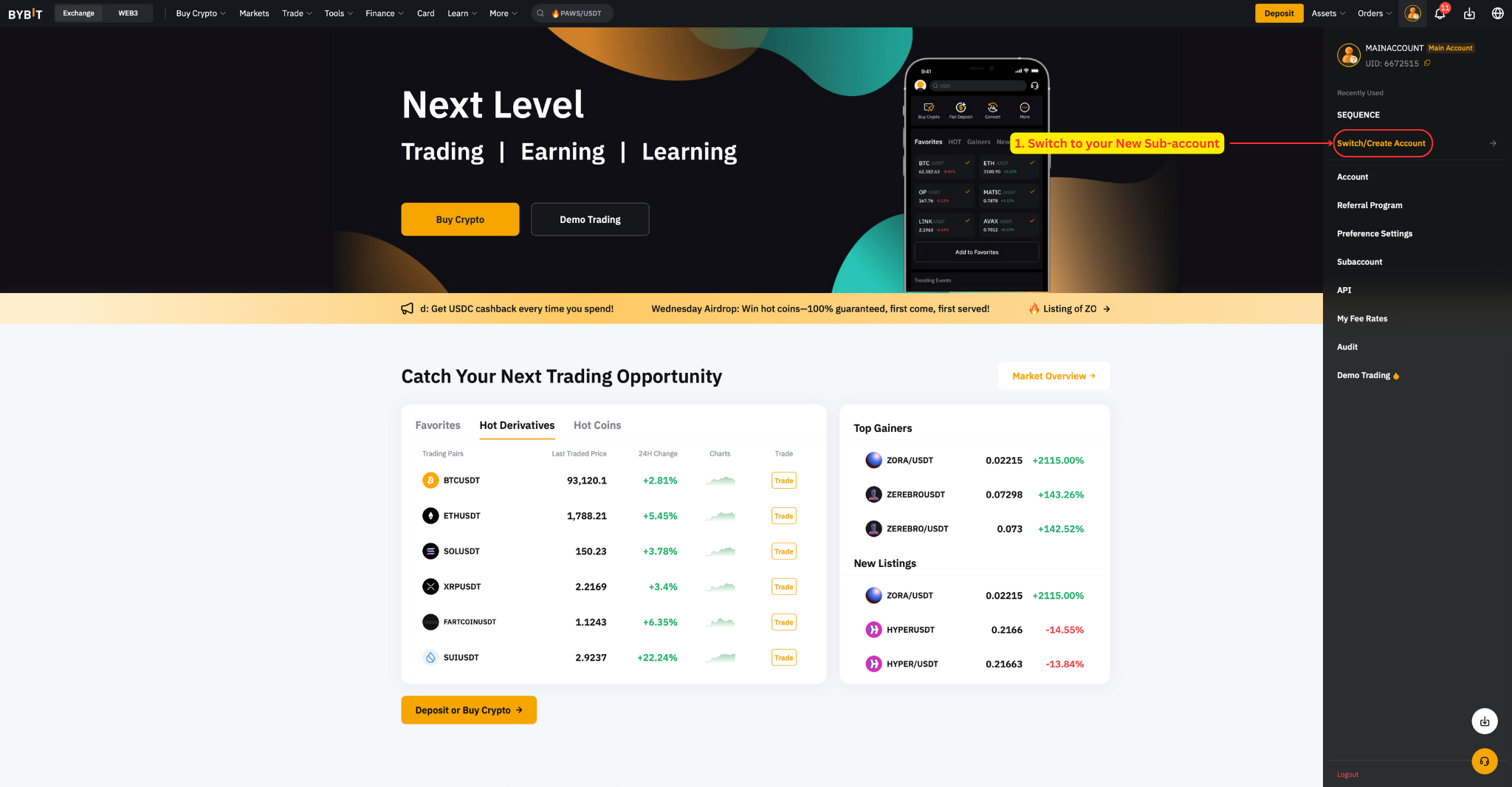 Bybit account switcher showing sub-account list