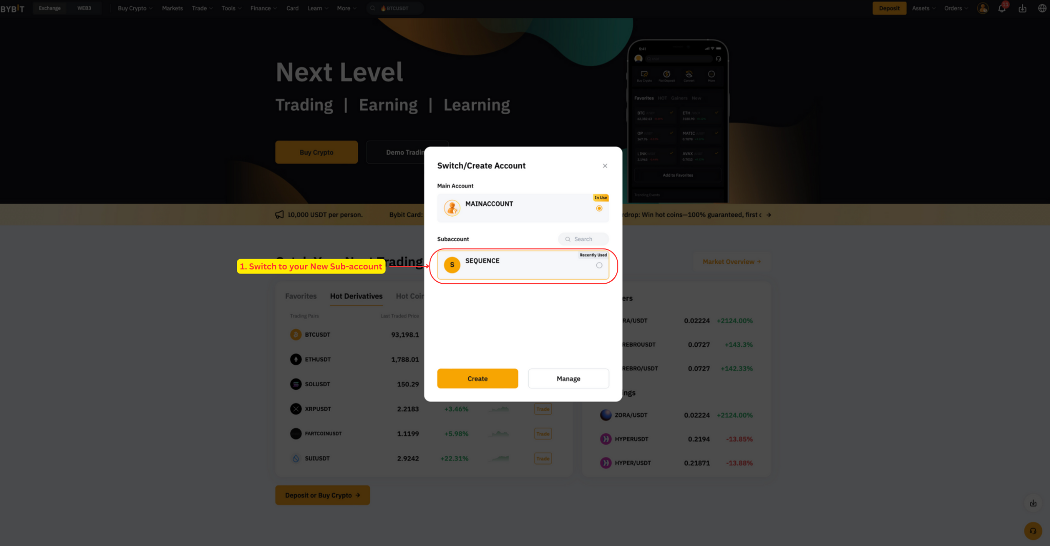 Selecting the Sequence sub-account