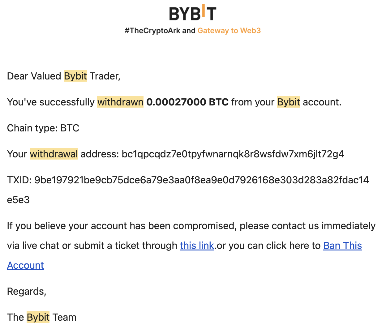 Example: Bybit TxID email confirmation
